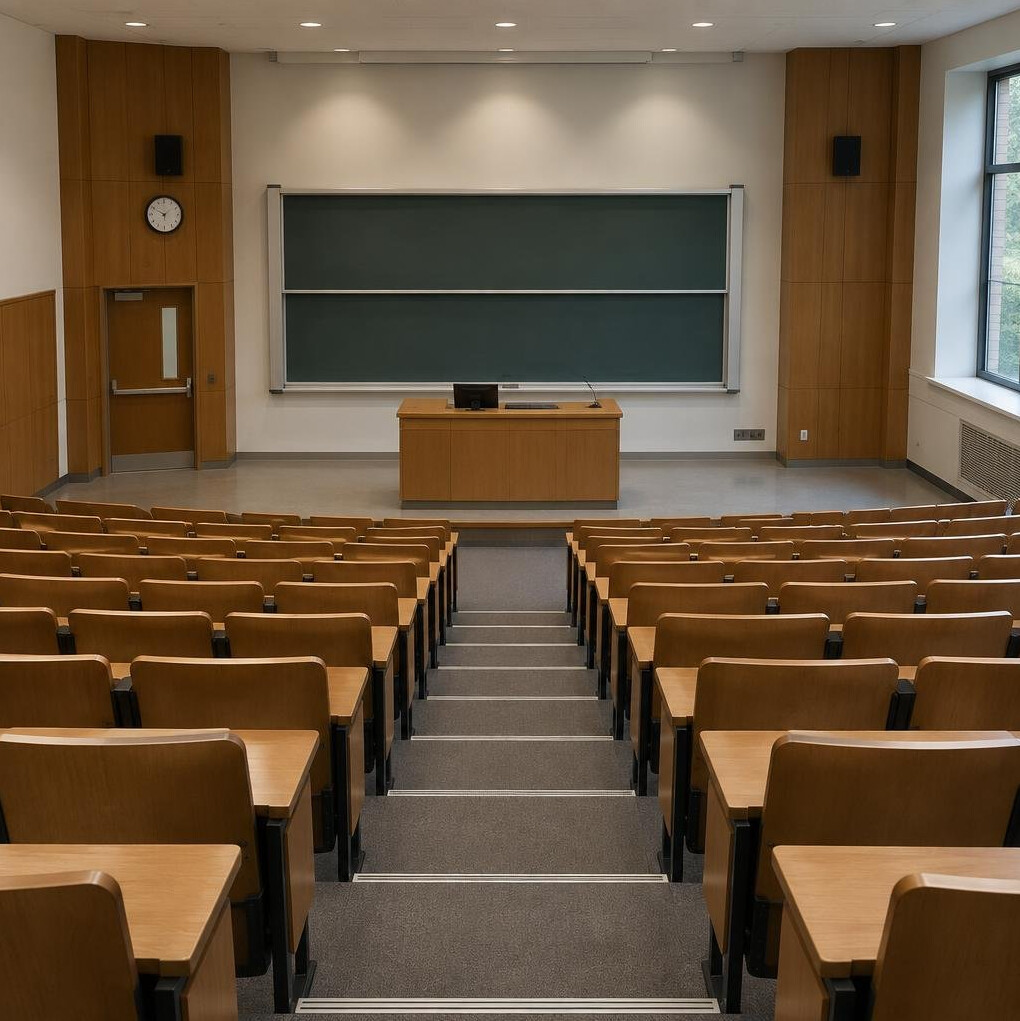 Empty lecture hall with rows of seats