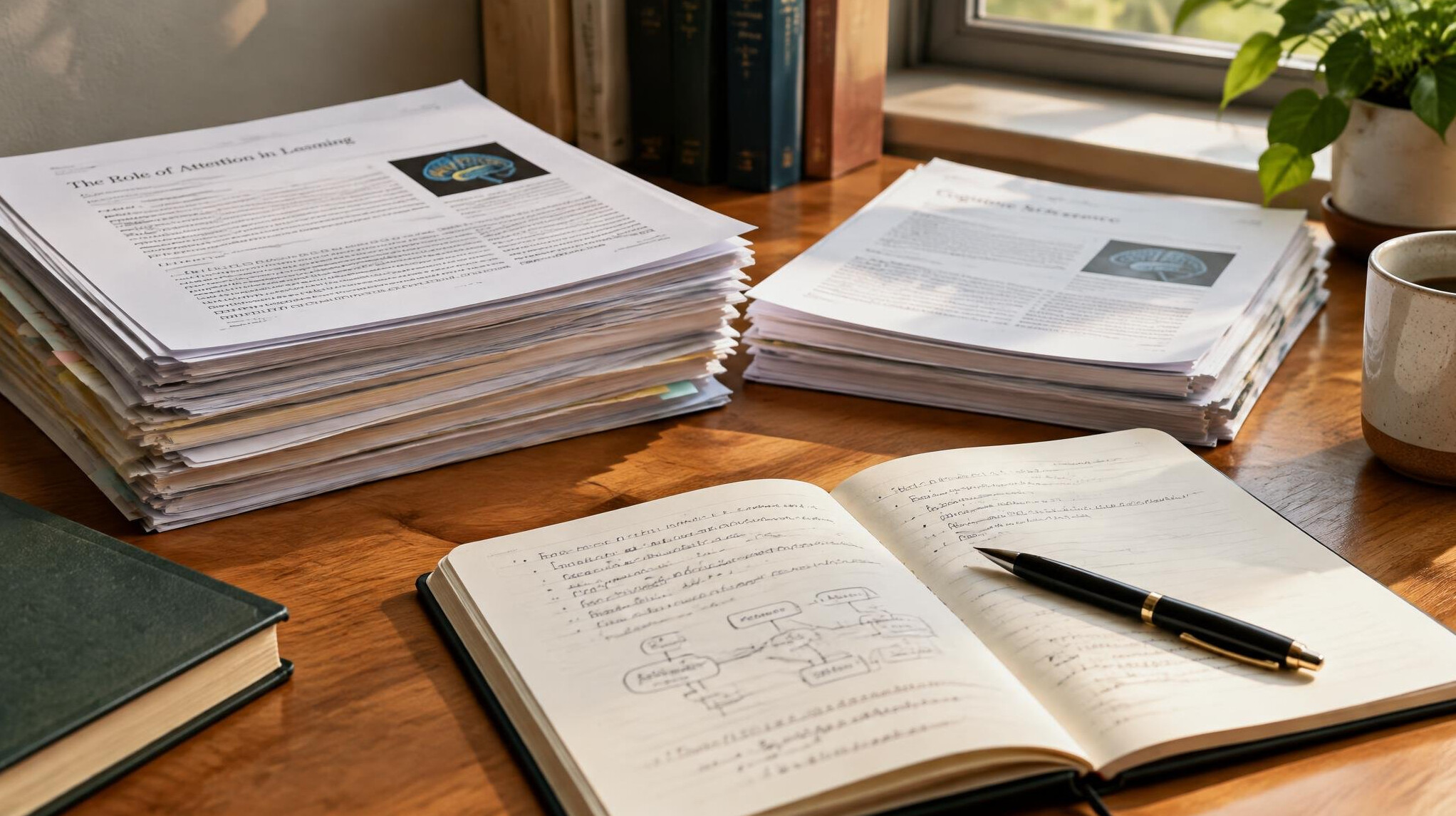 Research papers and notebook stacked on wooden desk
