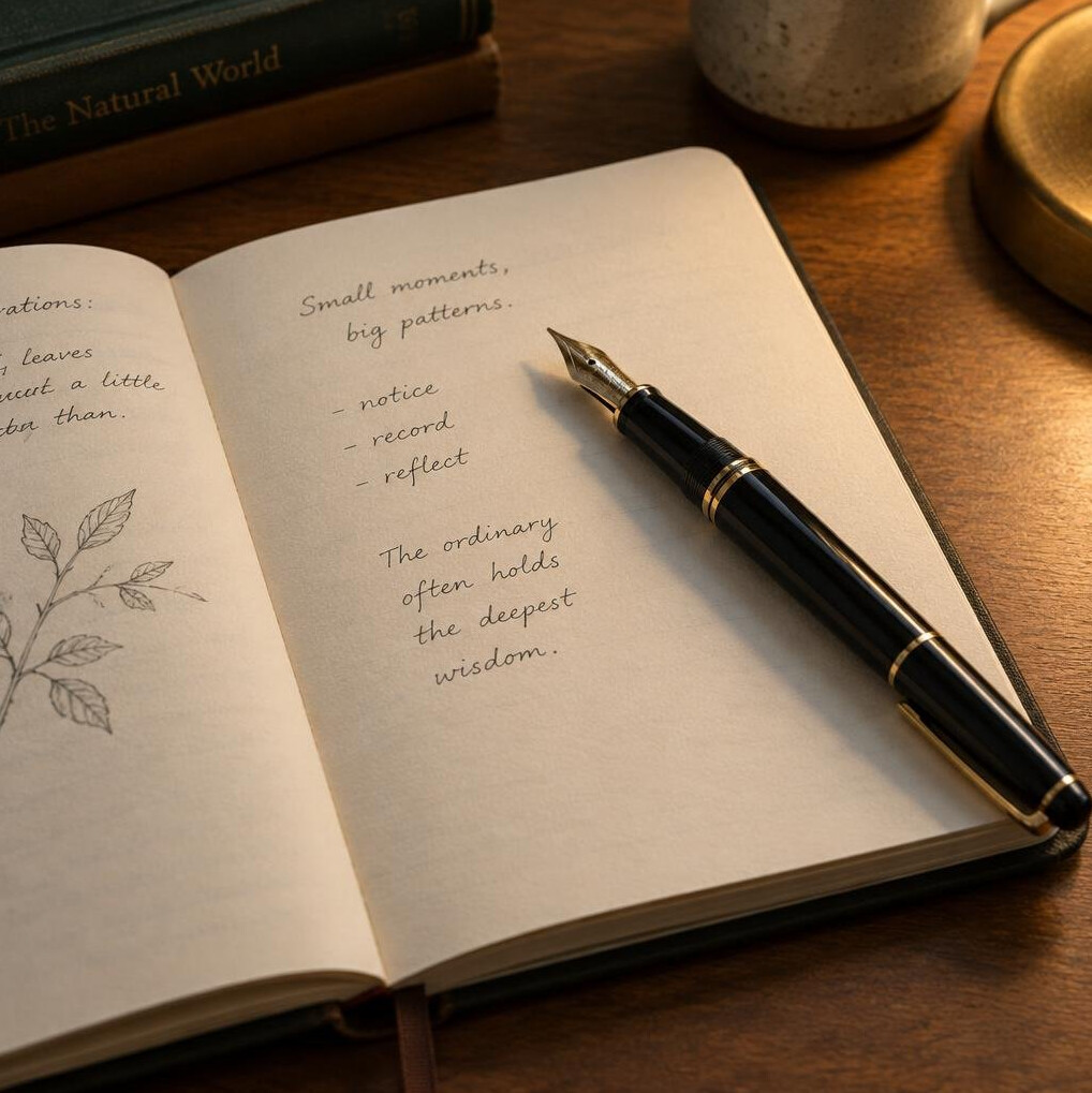 Open notebook with handwriting and pen