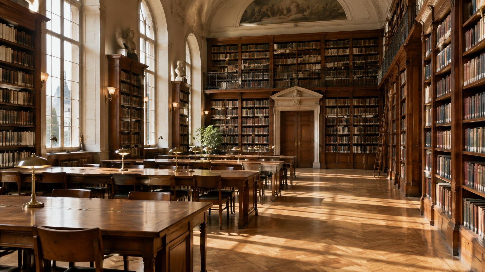 Quiet library reading room with warm light