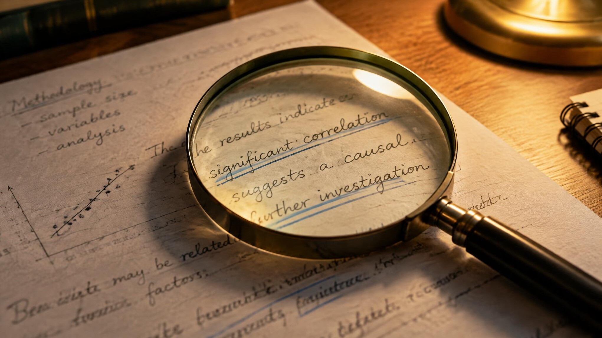 Magnifying glass over handwritten research notes