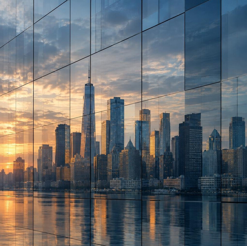 Abstract reflection of city skyline in glass facade