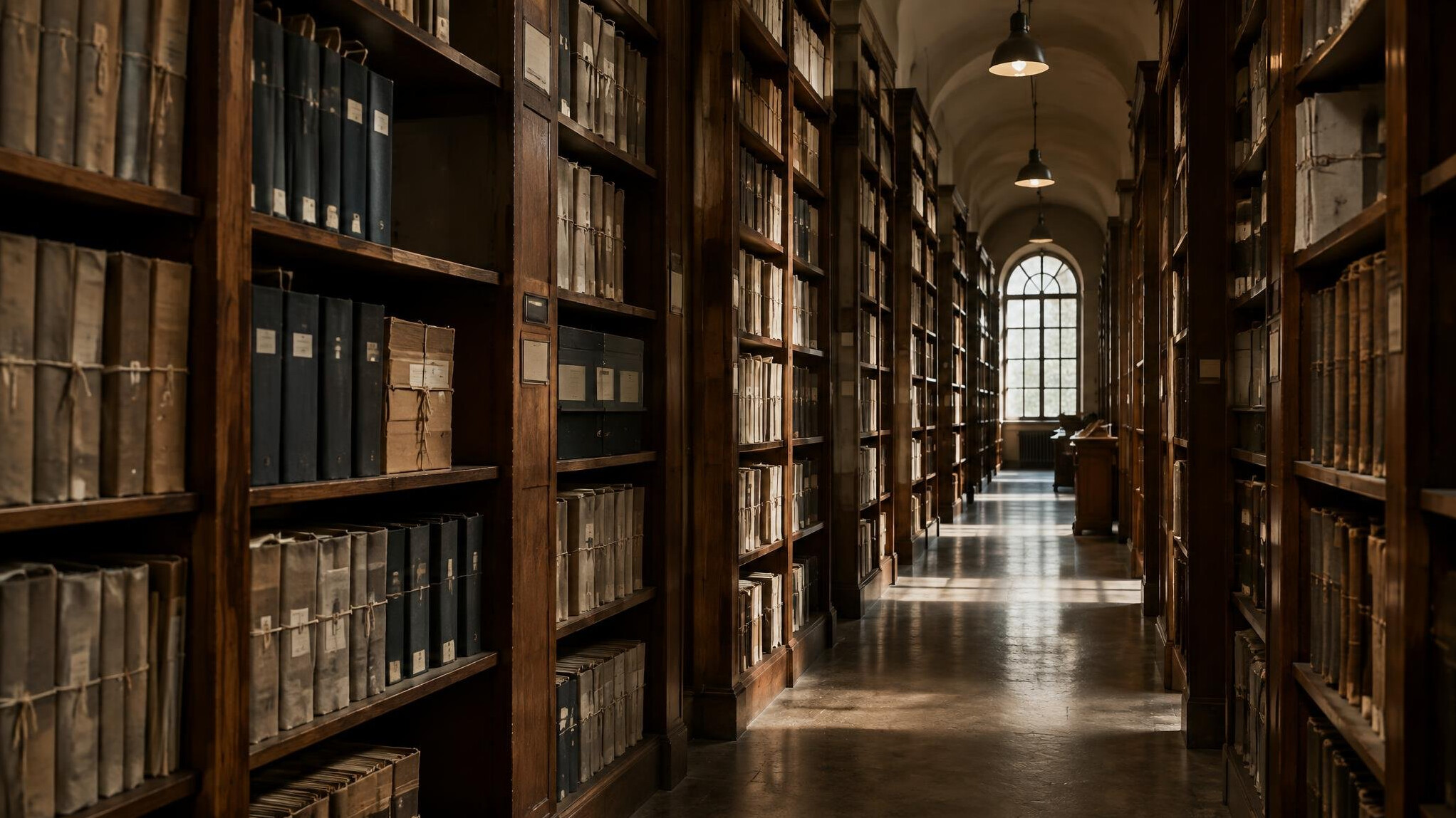 Archive corridor with tall shelves of documents