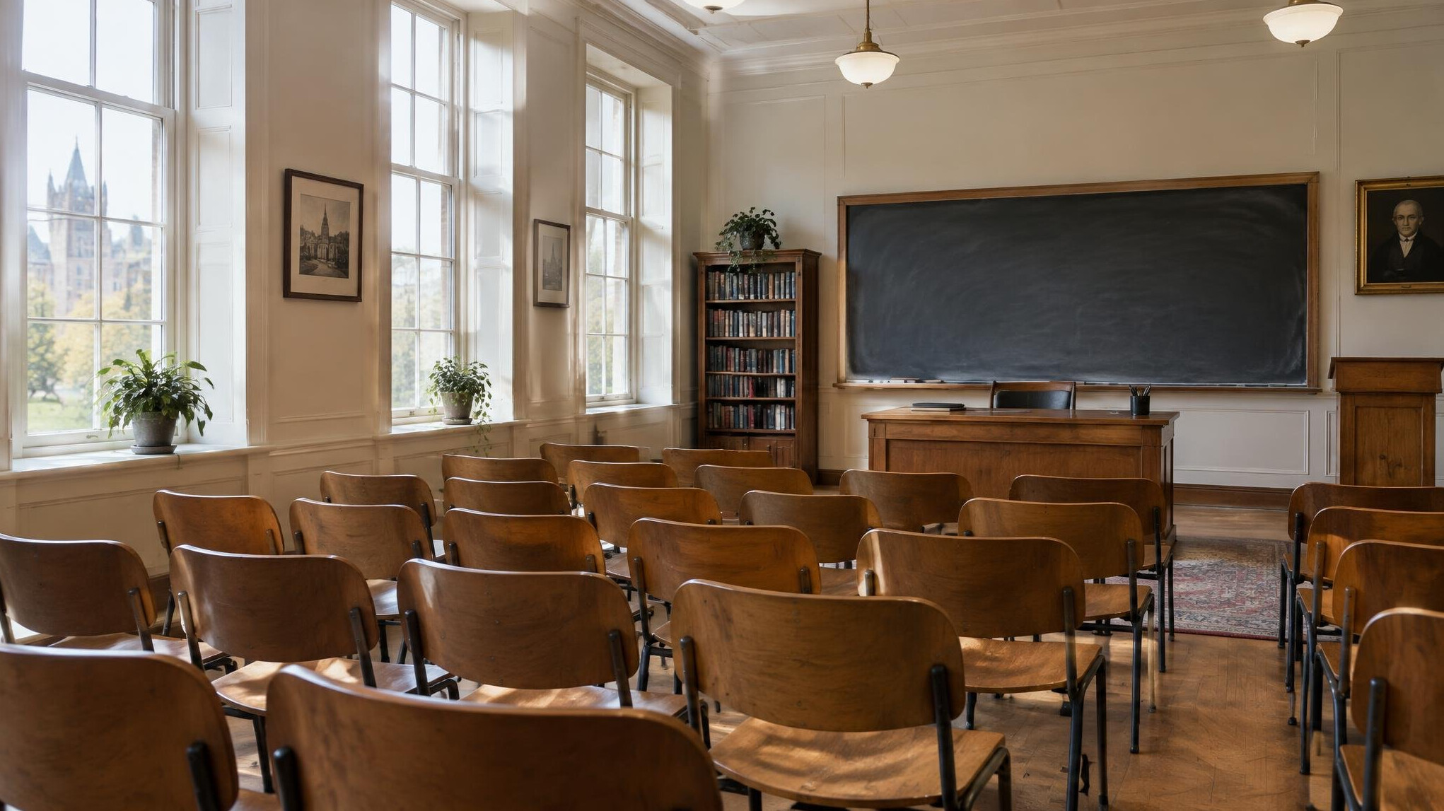 Empty academic seminar room with rows of chairs