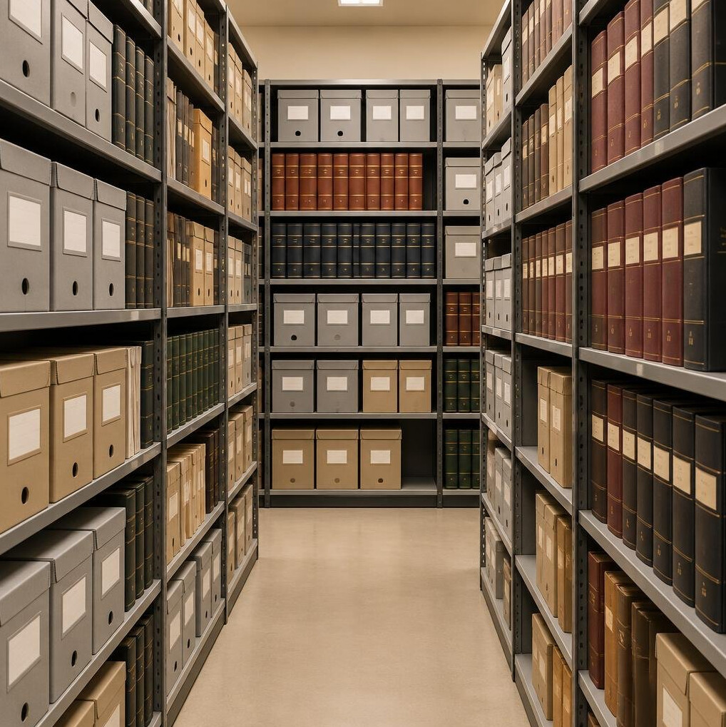 Archive shelves with labeled document boxes